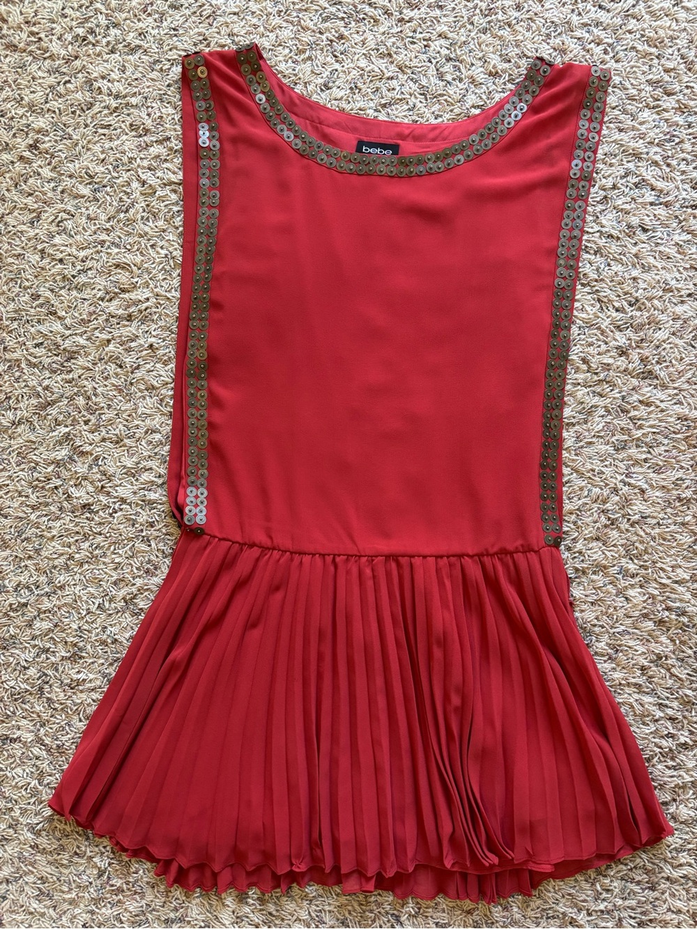 bebe Red Sleeveless Pleated Hem Dress Gold Sequin Trim Women’s Medium Vintage